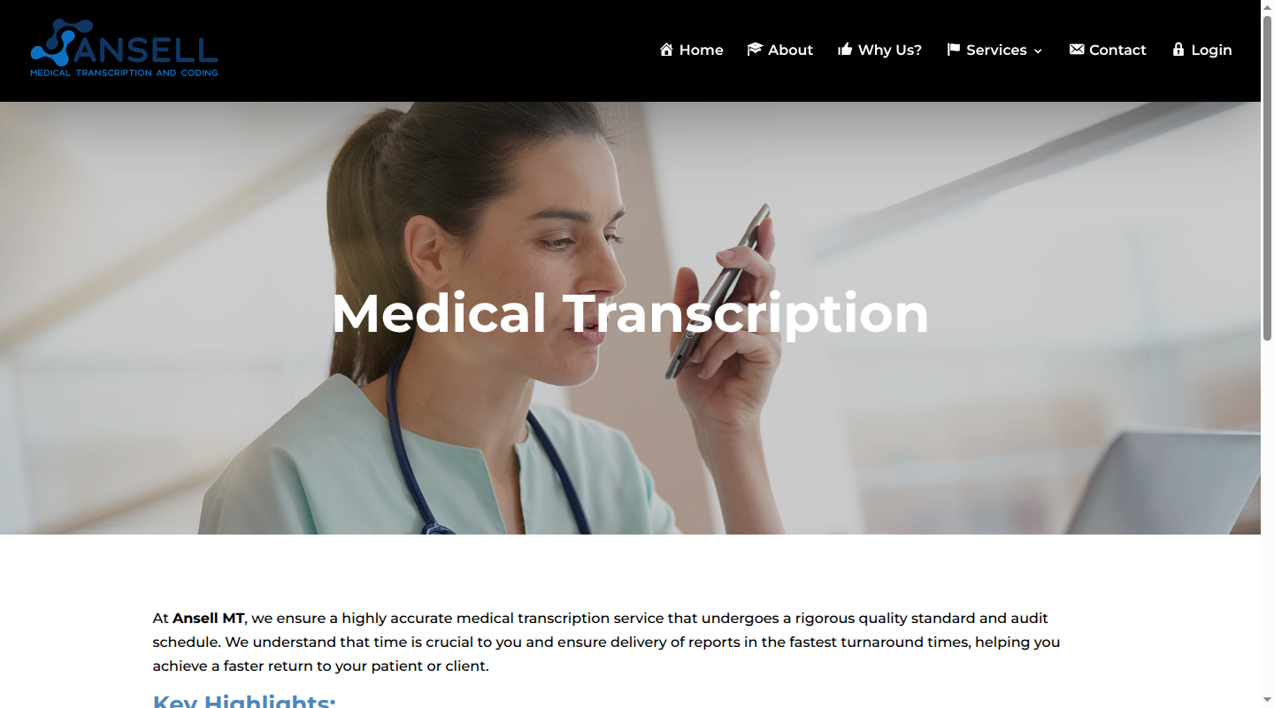 Ansell medical transcription page showing a clinician dictating by phone