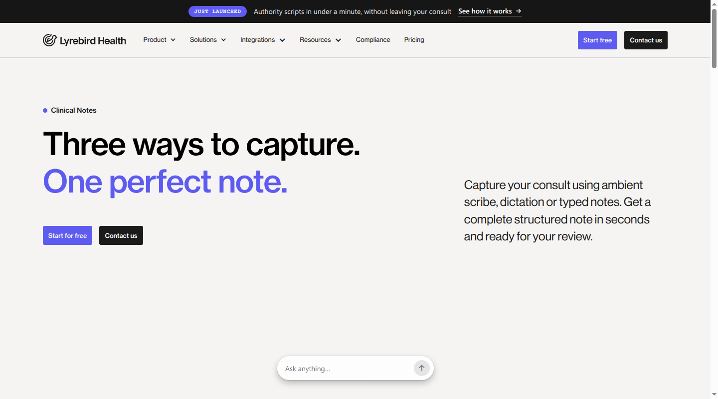 Lyrebird clinical notes page showing ambient, dictation and typed capture options