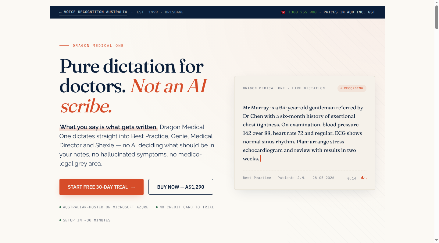 Dragon Medical One page from authorised reseller Voice Recognition Australia
