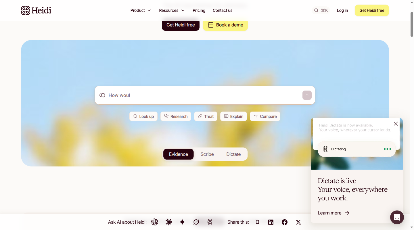 Heidi homepage showing Evidence, Scribe and Dictate modes