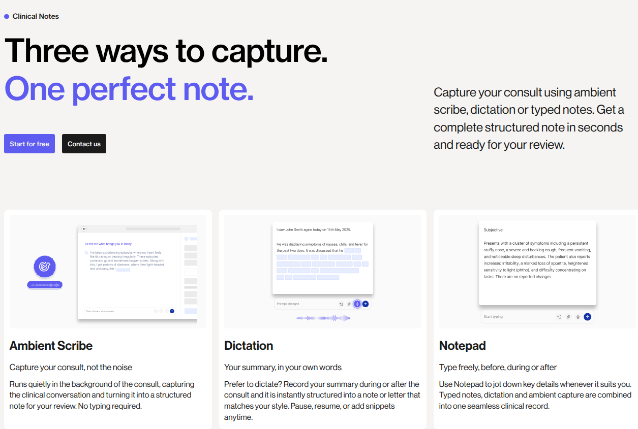Lyrebird clinical notes showing ambient scribe, dictation and Notepad capture modes