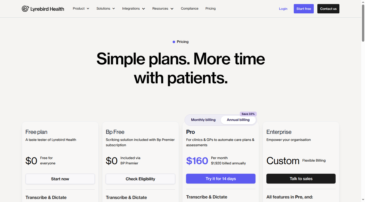 Lyrebird Australian pricing page showing Free, Bp Free, Pro and Enterprise plans