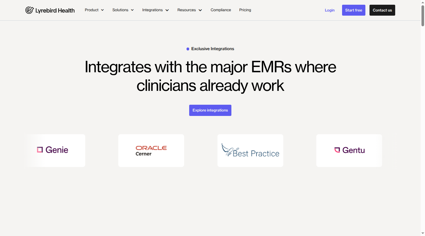 Lyrebird integration page showing Genie, Oracle Cerner, Best Practice and Gentu