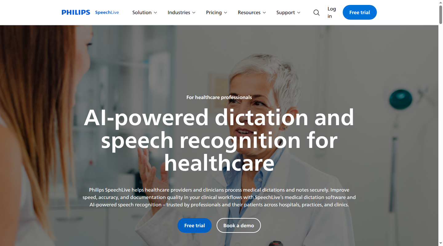 Philips SpeechLive healthcare dictation product page