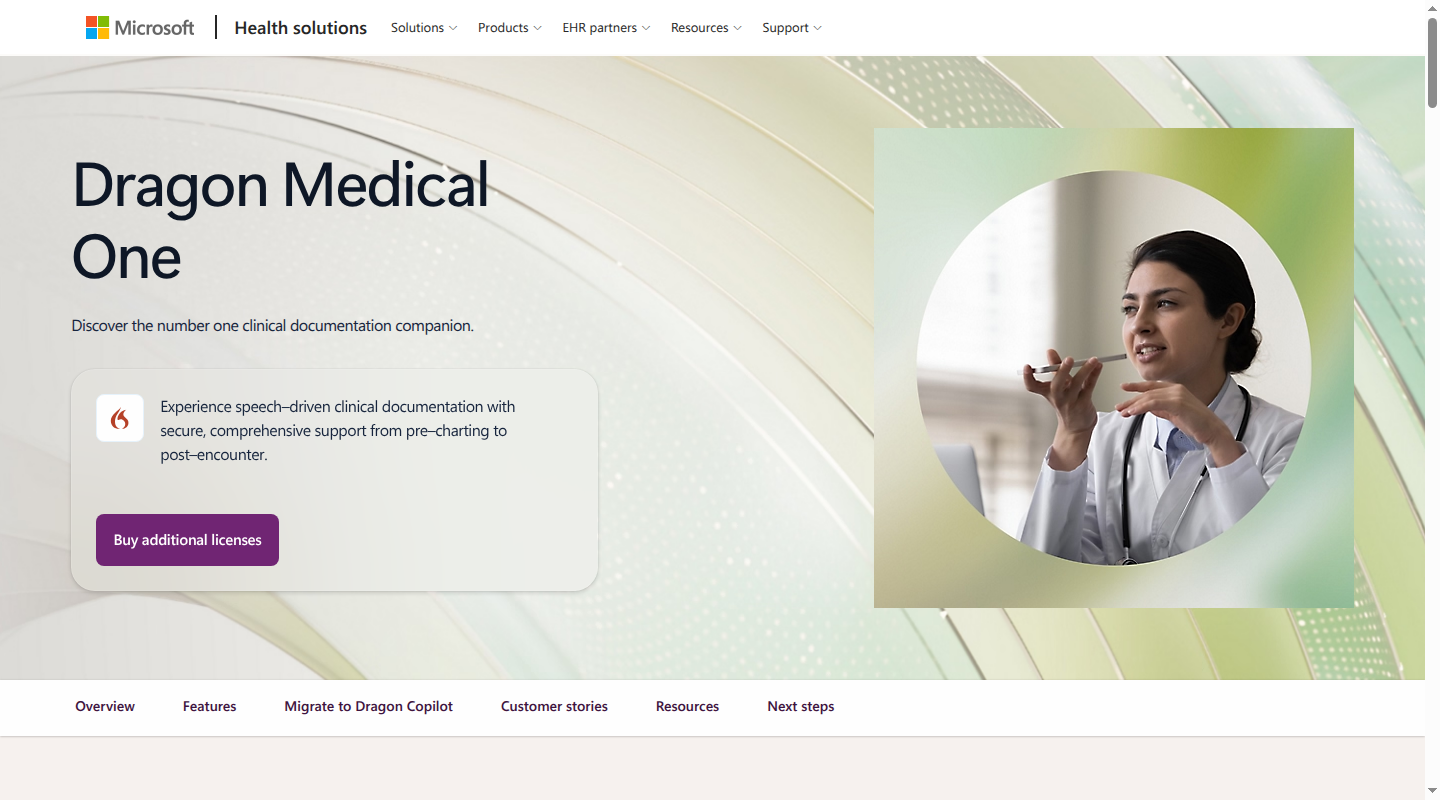 Microsoft Dragon Medical One clinical dictation product page