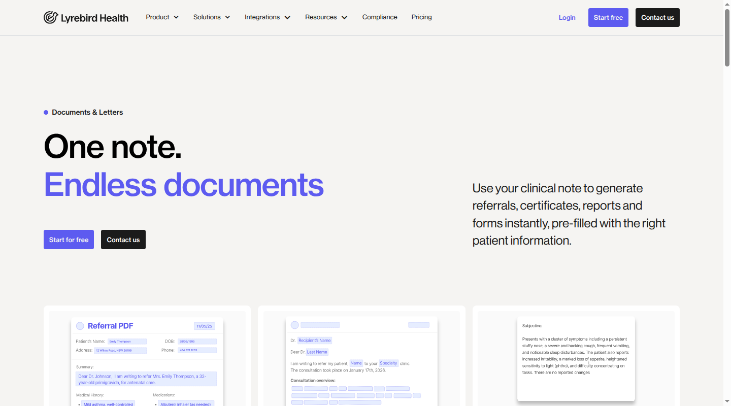 Lyrebird Documents and Letters workflow showing documents generated from a clinical note