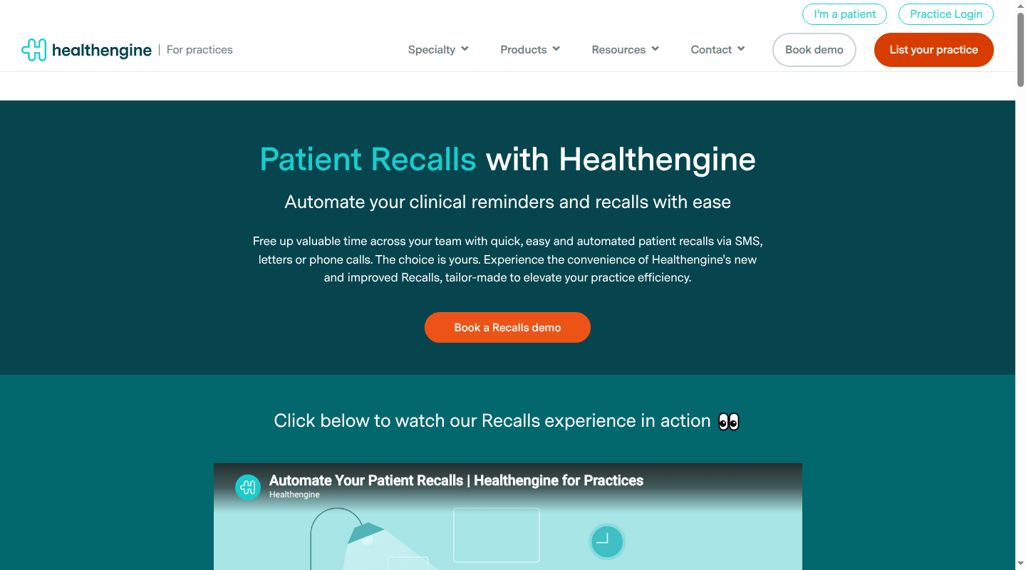 Healthengine Patient Recalls workflow covering SMS, letters and phone calls