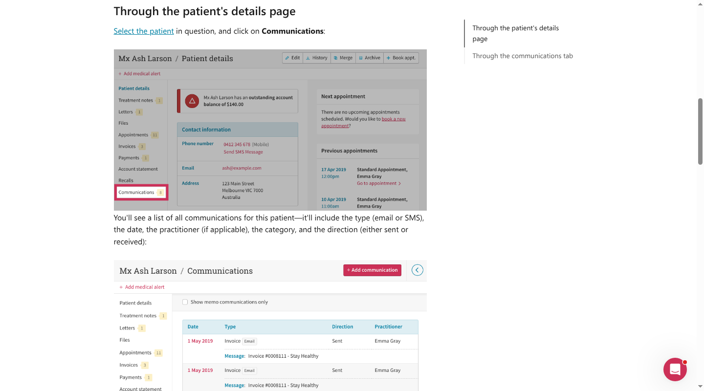 Cliniko communications log workflow using synthetic demo patient data