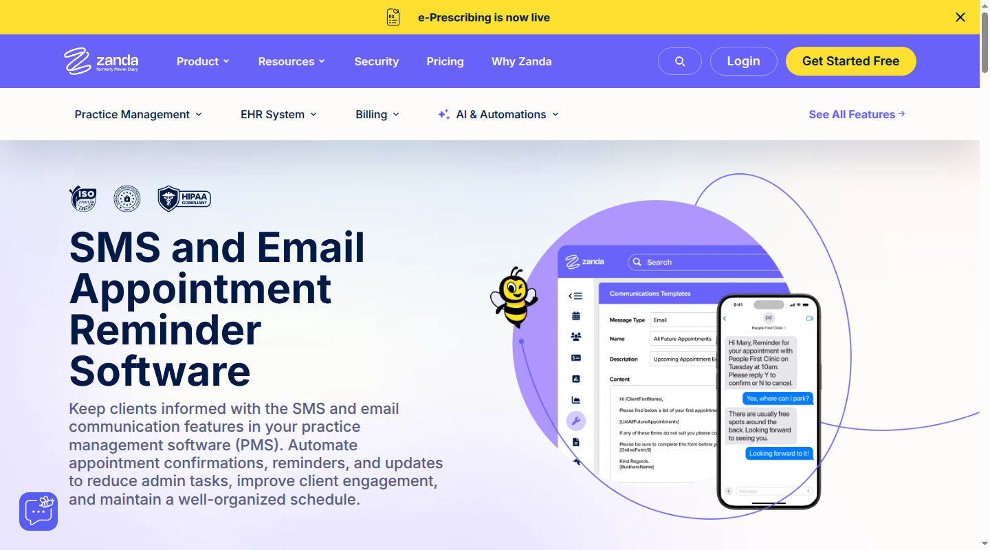 Zanda Health SMS and email communication workflow with message templates and a synthetic reminder