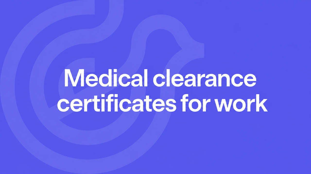 Medical clearance certificates for work on a violet Lyrebird Health title card.