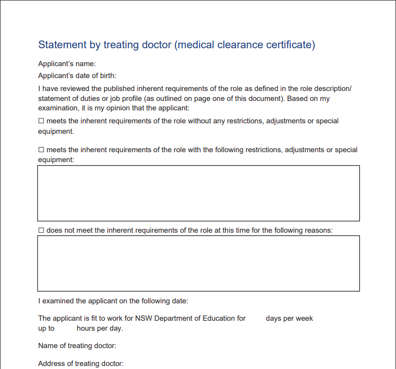 NSW Education medical clearance form matching an applicant to role requirements and restrictions