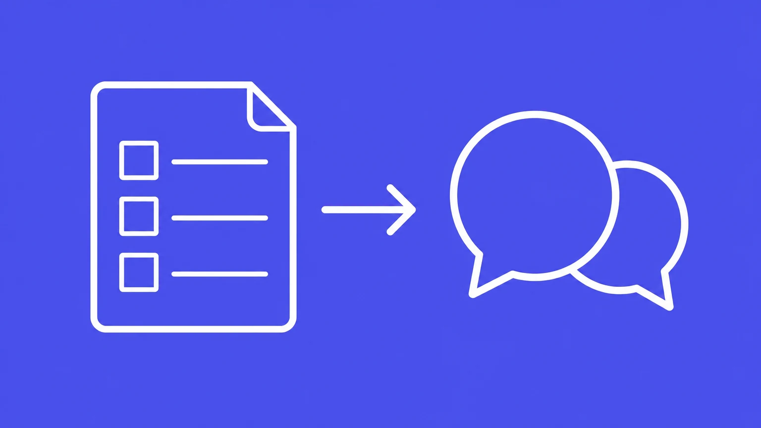 An unfilled questionnaire points towards conversation bubbles on a violet background.