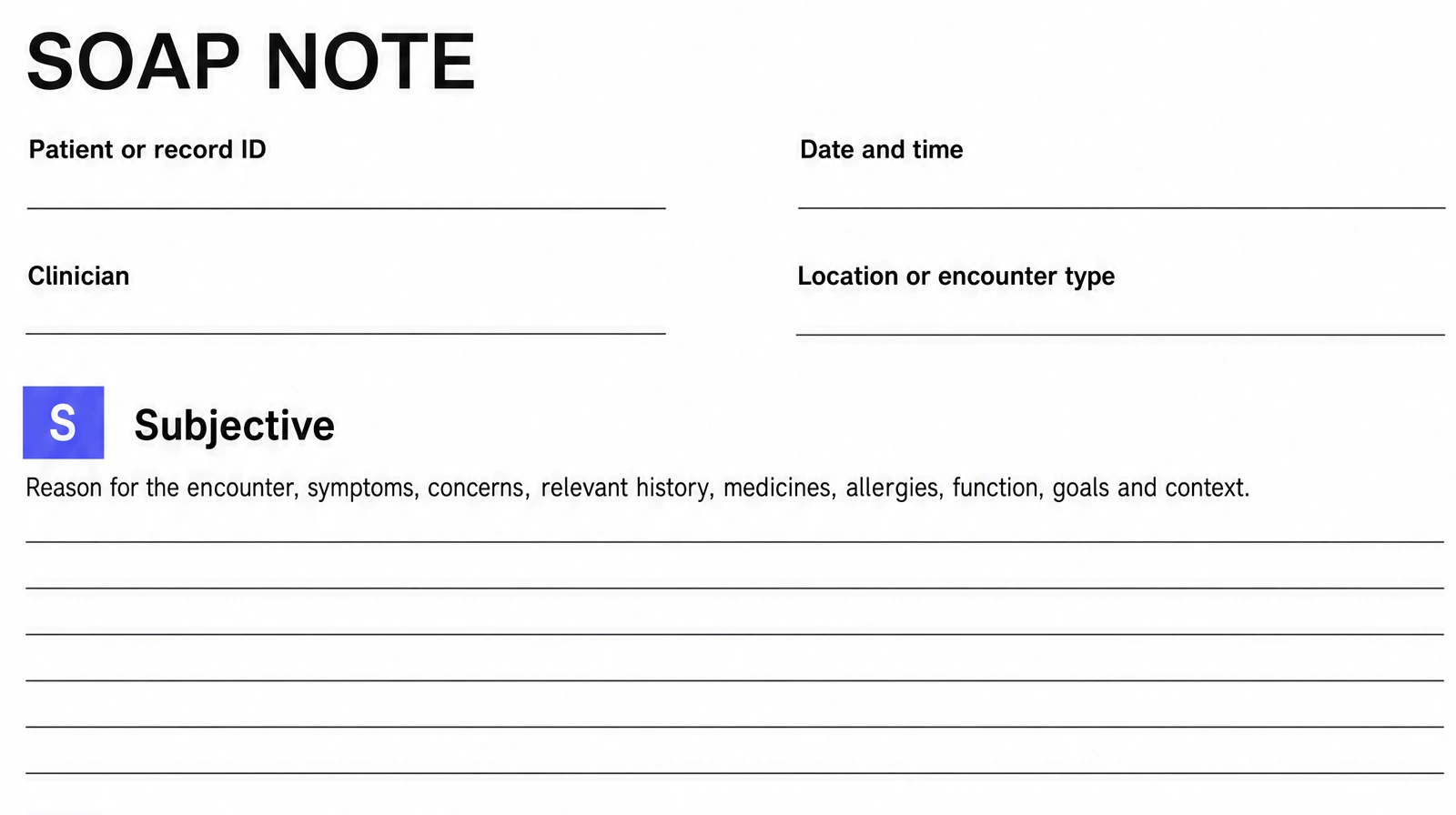 Detail of a blank SOAP note form with person and contact fields and a ruled Subjective section