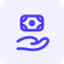 Icon of a hand holding a money bill symbol in blue on a rounded square background.