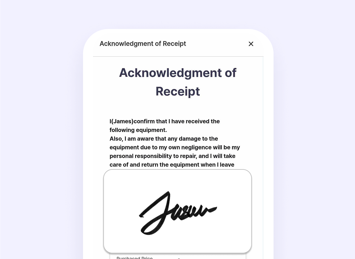 Acknowledgment of Receipt form with text confirming receipt of equipment and a signature.