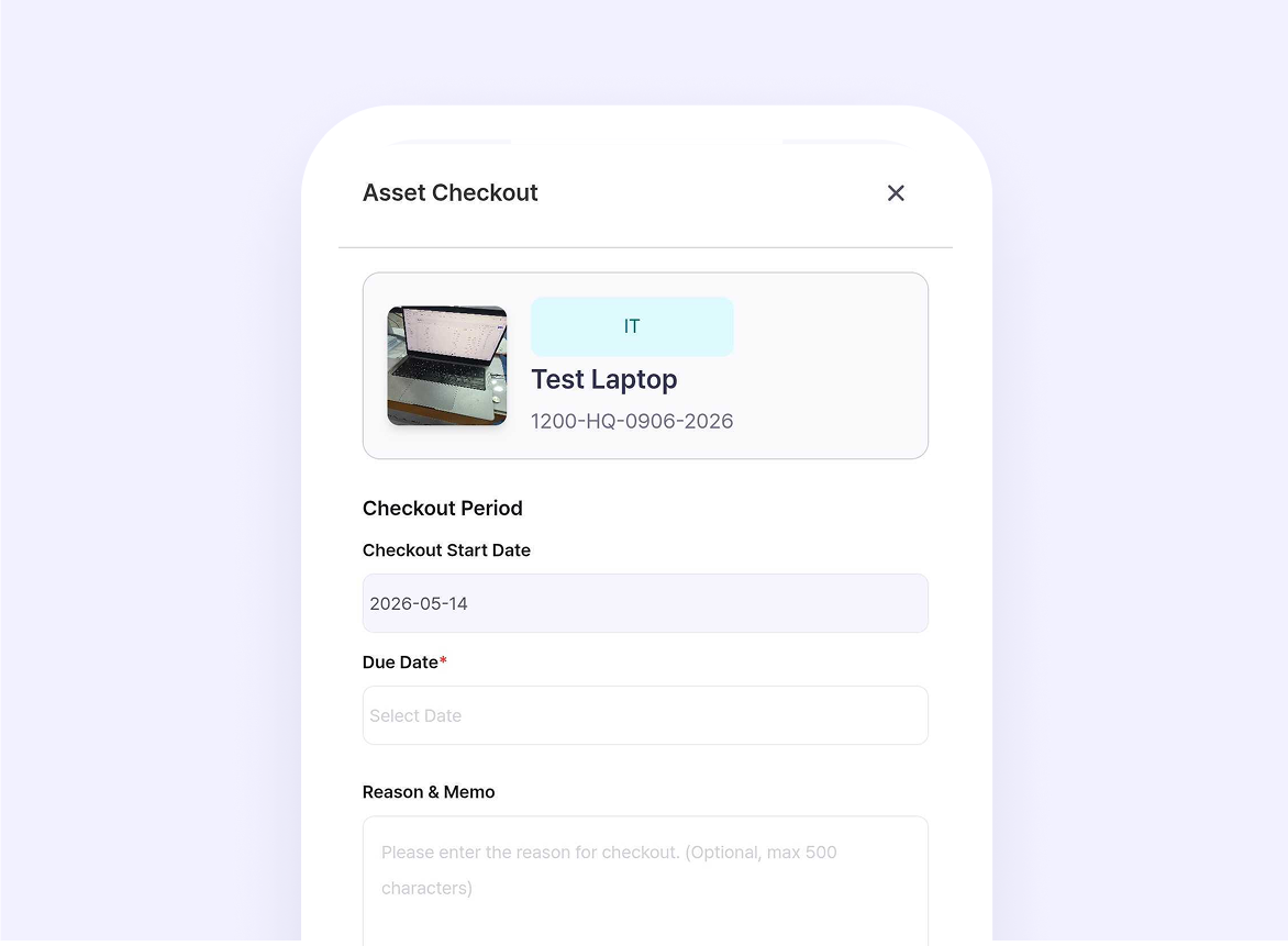 Asset checkout interface showing a test laptop from IT with a start date and fields for due date and reason.