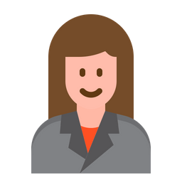 Cartoon woman with brown hair wearing a gray blazer and orange shirt smiling.