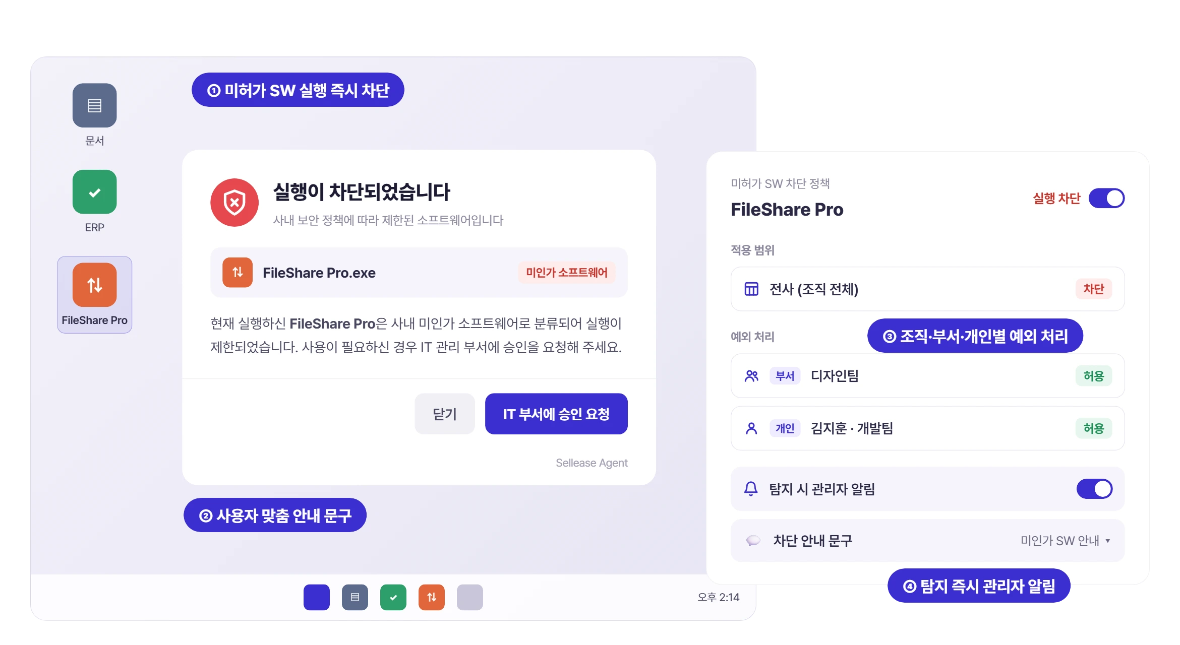 미허가 소프트웨어 실행 차단 안내 화면과 조직·부서·개인별 예외 처리 정책 설정