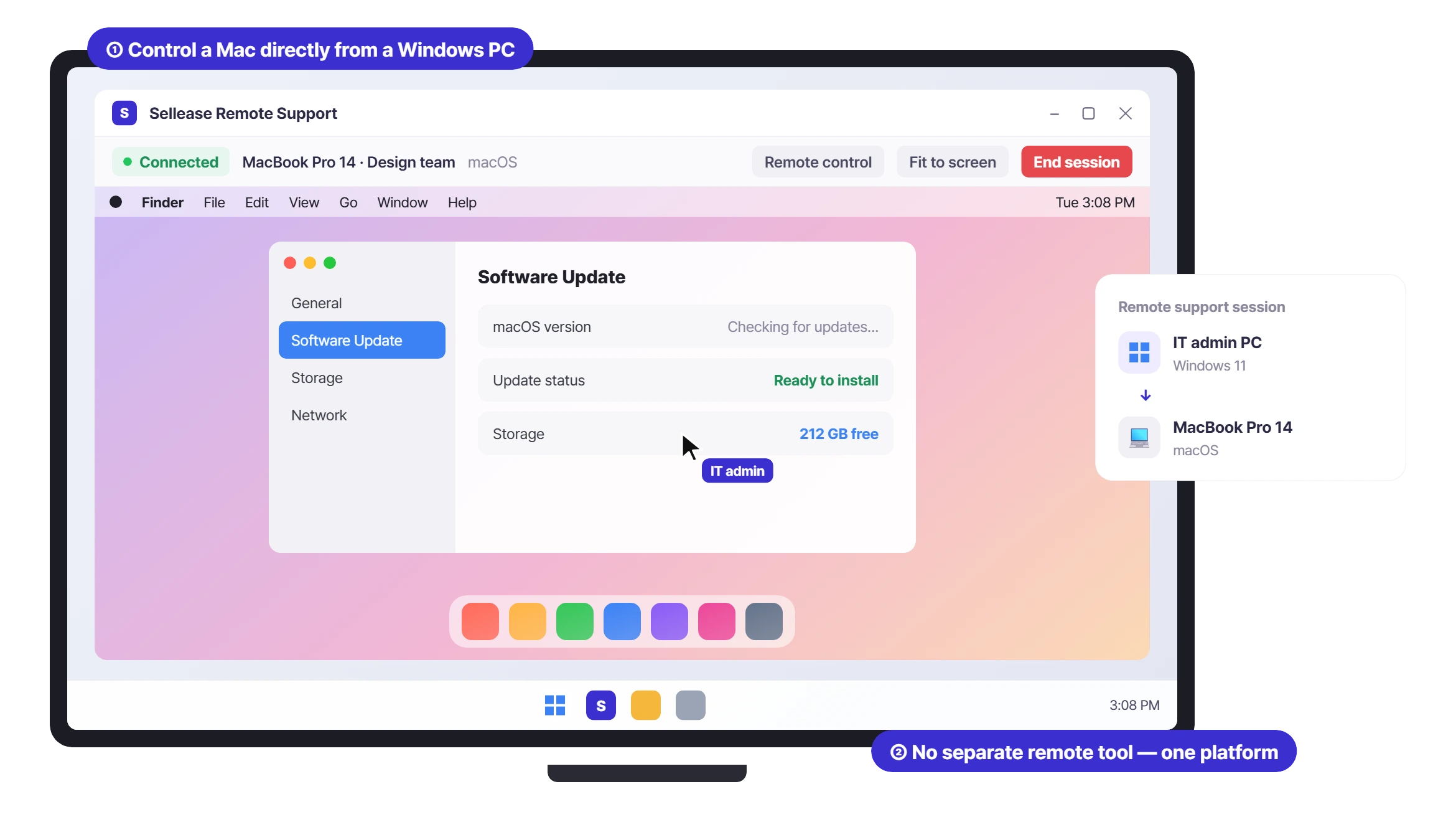 Remote support: an IT admin controls a Mac directly from a Windows PC