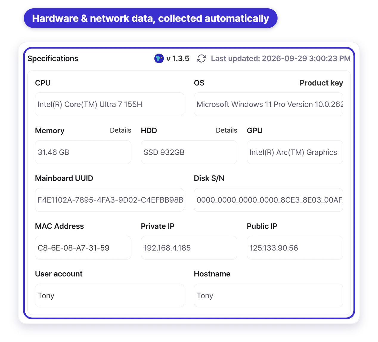 Hardware and network details collected automatically by the Sellease agent