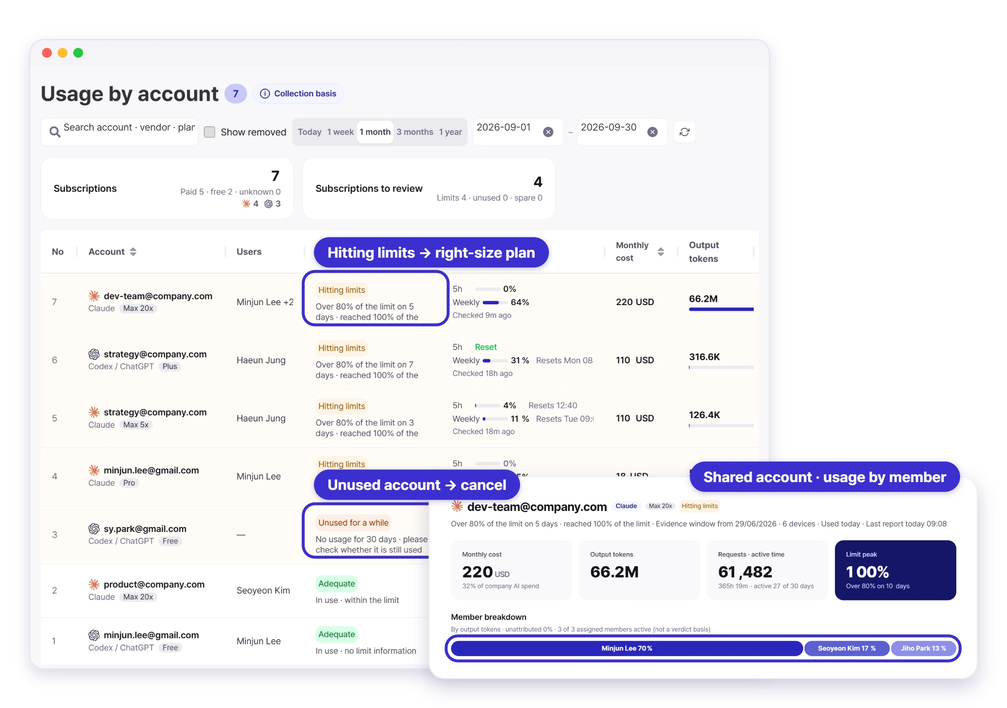 Sellease AI usage by account: limit and unused-account verdicts plus per-member share of a shared account