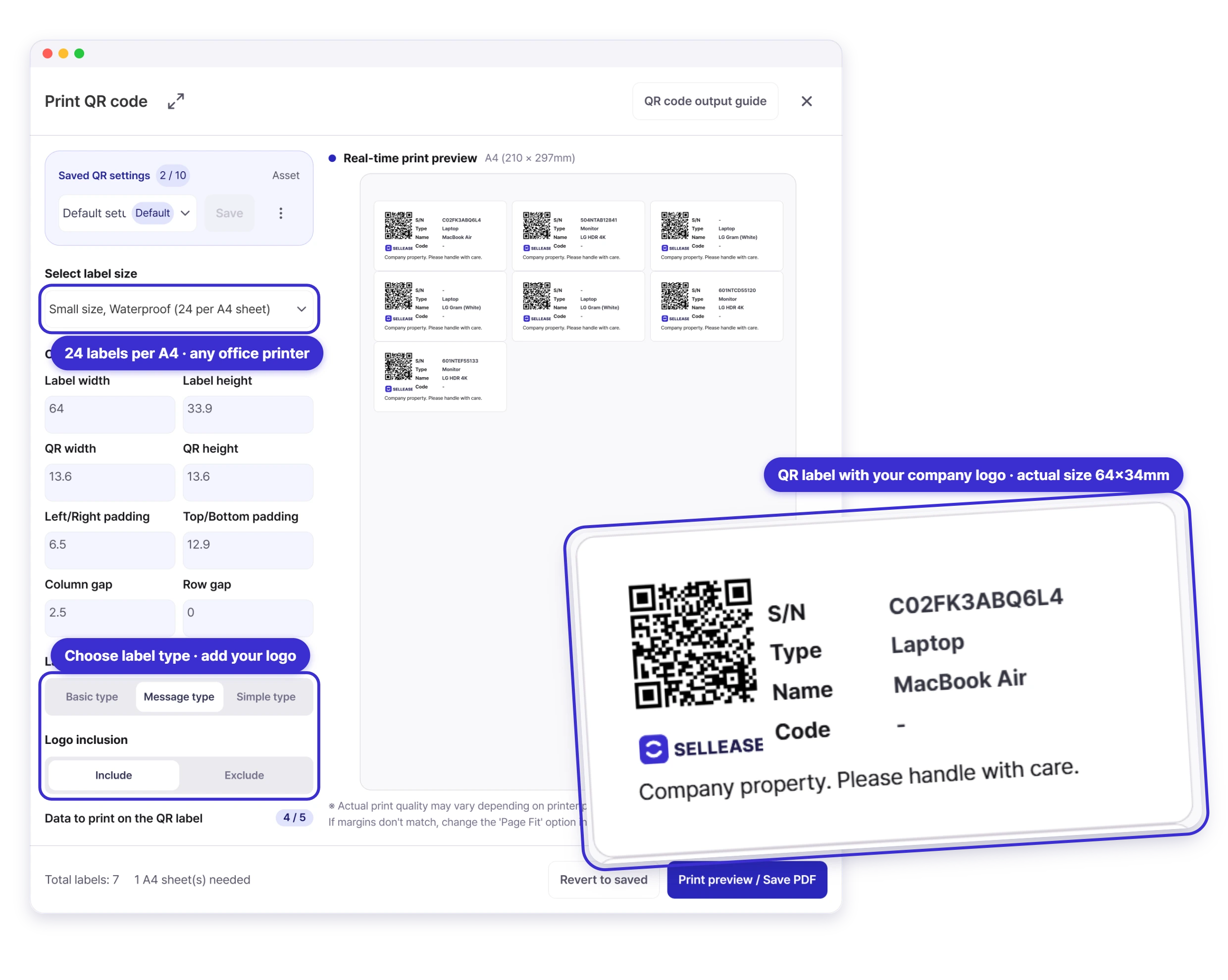 Sellease Print QR code screen — 24 labels per A4 sheet with your company logo