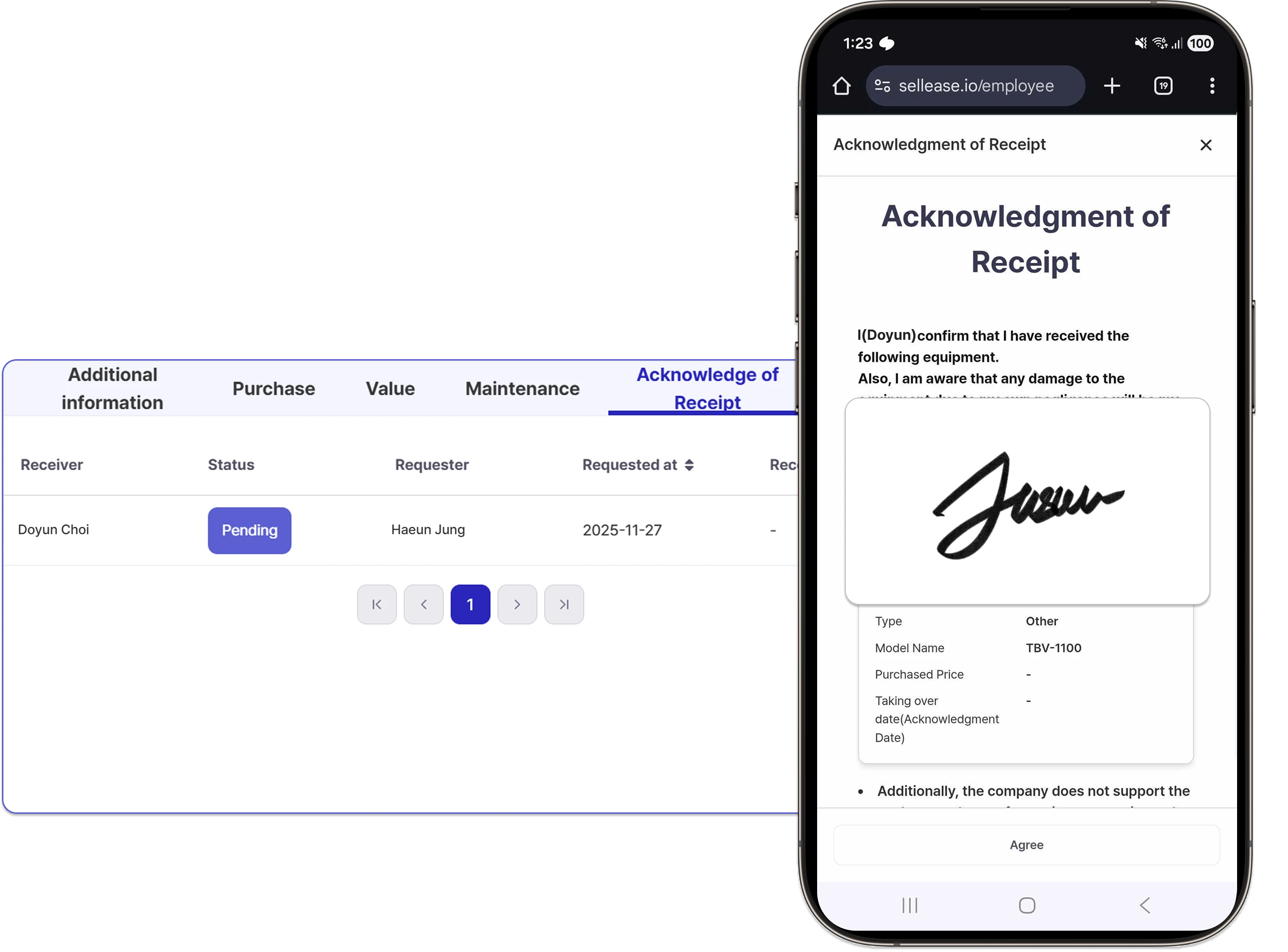 Sellease asset handover acknowledgment — issue and return recorded with an e-signature