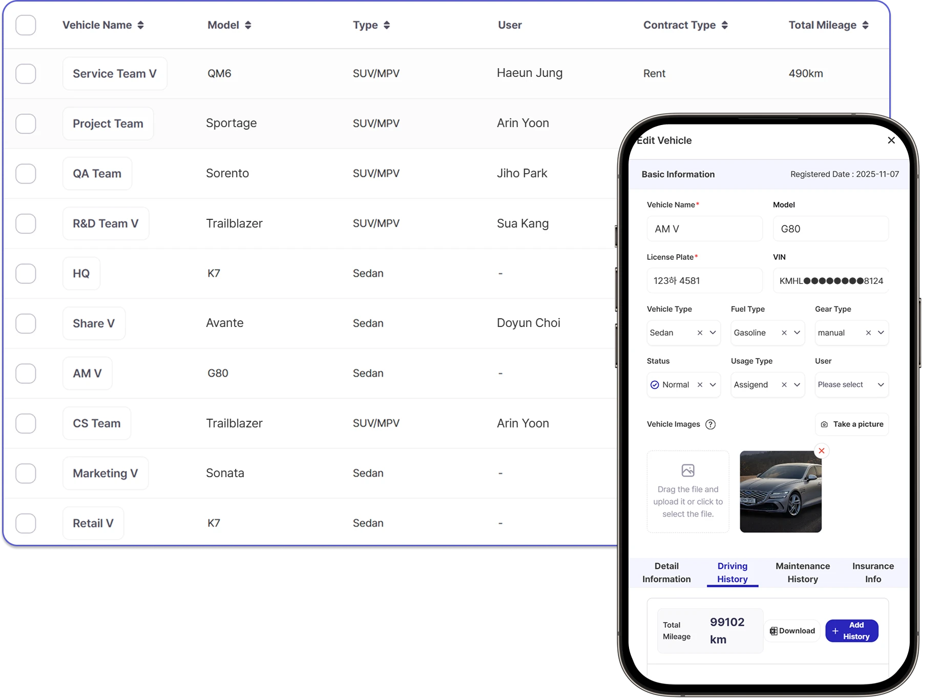 Sellease corporate vehicle management — vehicle details and history in one view