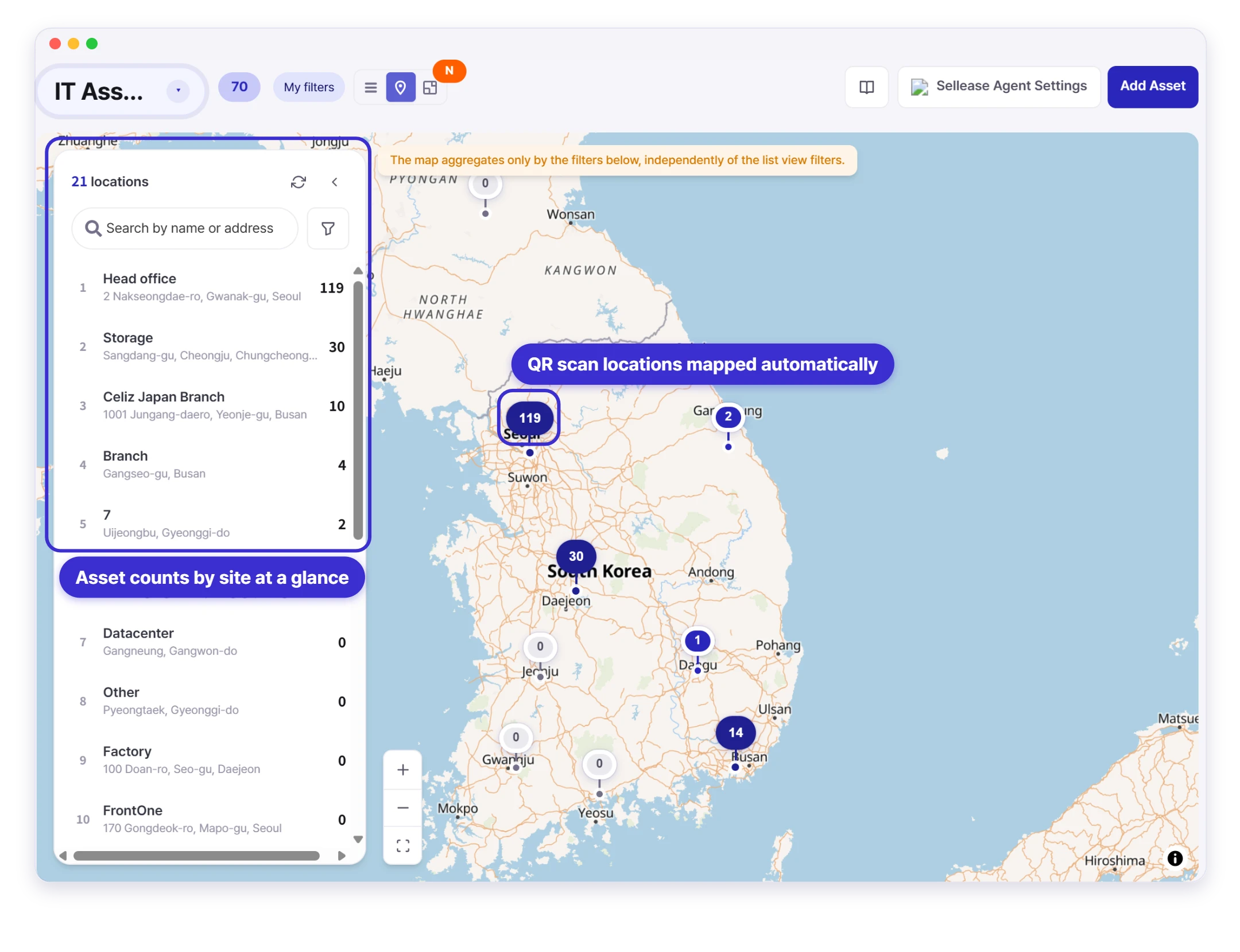 Sellease asset map — asset counts by site and QR scan locations at a glance