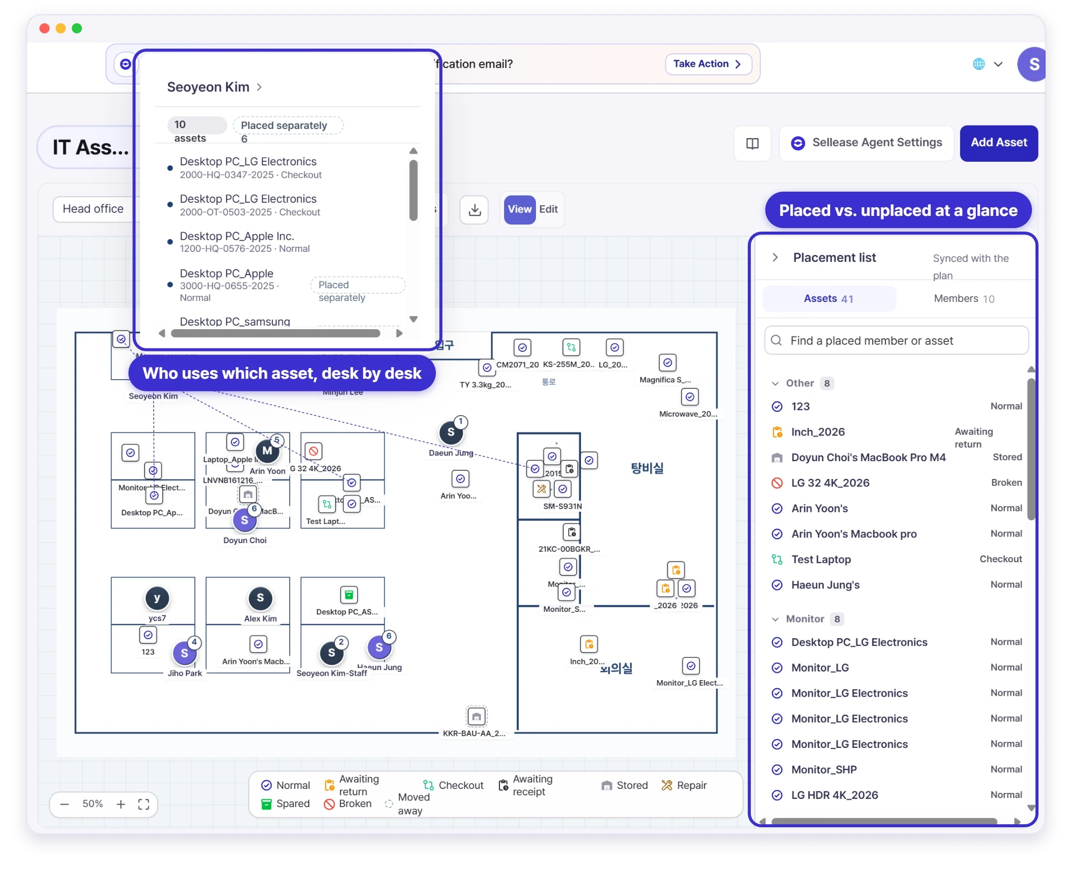 Sellease floor plan — who uses which asset at each desk, with placed and unplaced counts