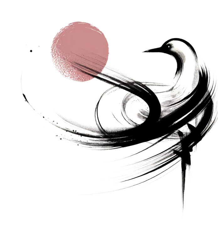 Abstrakt digital kunstverk med en teksturert rosa sirkel, som muligens forestiller en sol, i kontrast med dynamiske svarte penselstrøk som danner et spiral mønster og fremkaller bildet av en stilisert fugl i flukt.