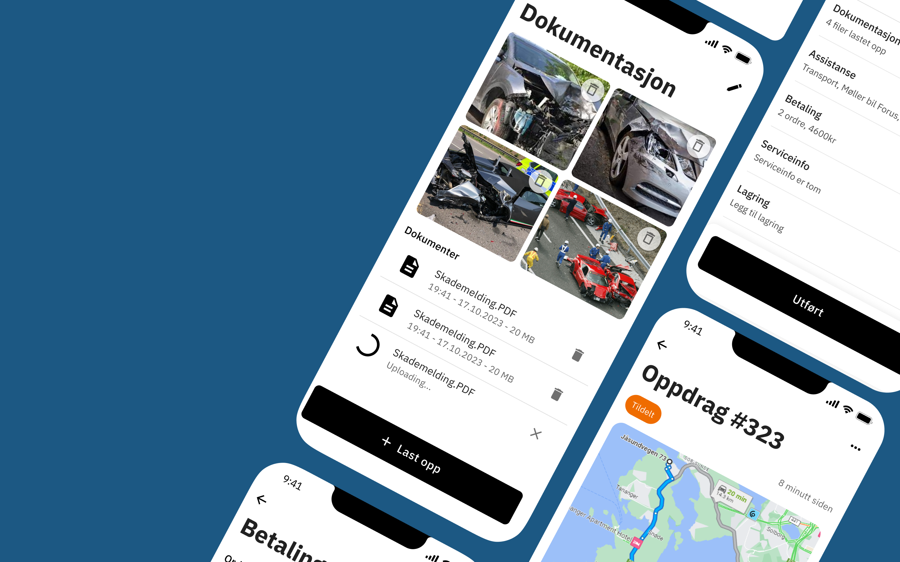 En mockup av flere mobilskjermer som viser systemet Assist, ordnet stilfullt for å fremvise appens forskjellige funksjoner