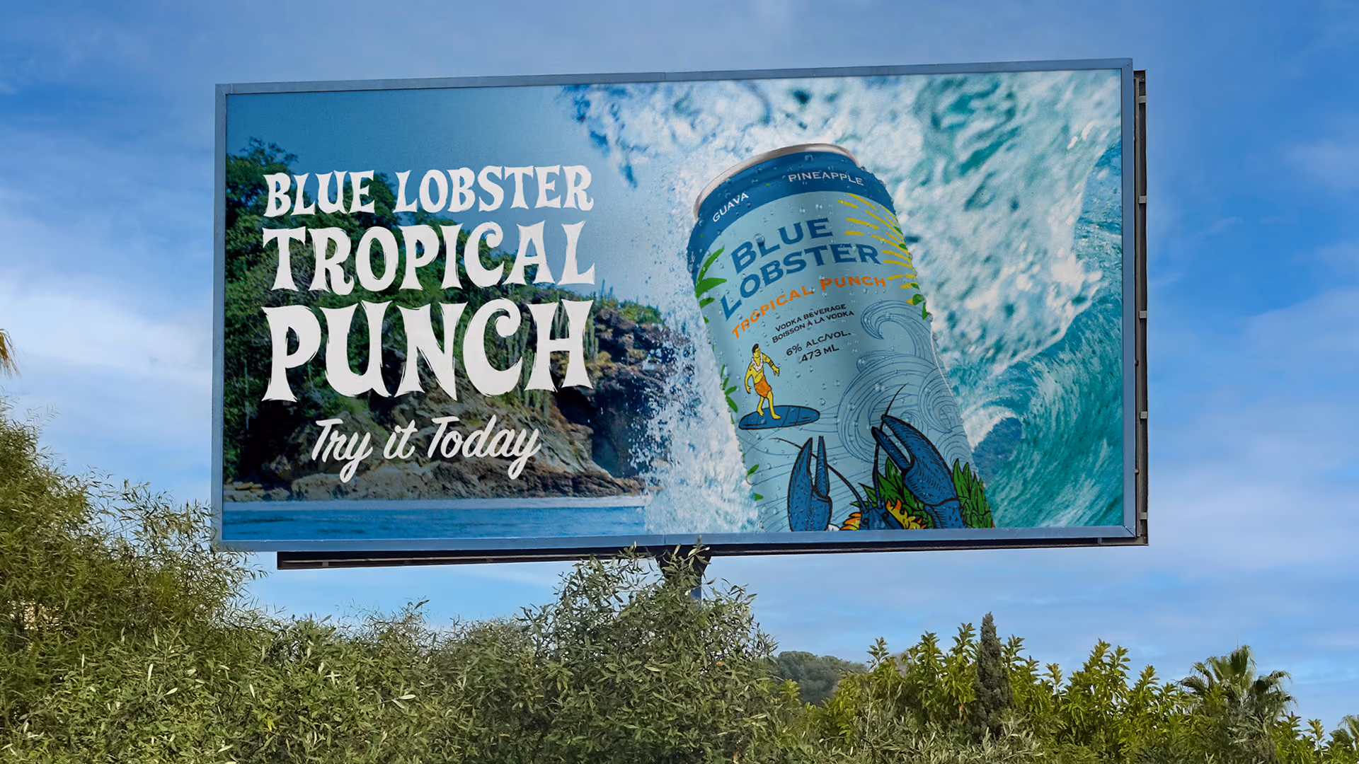 Billboard mockup with Blue Lobster tropical punch written on left side a packaging design mockup of the can in a wave on the right.