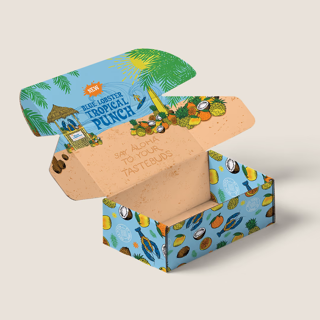 Influencer box packaging design with tropical punch visual identity design.