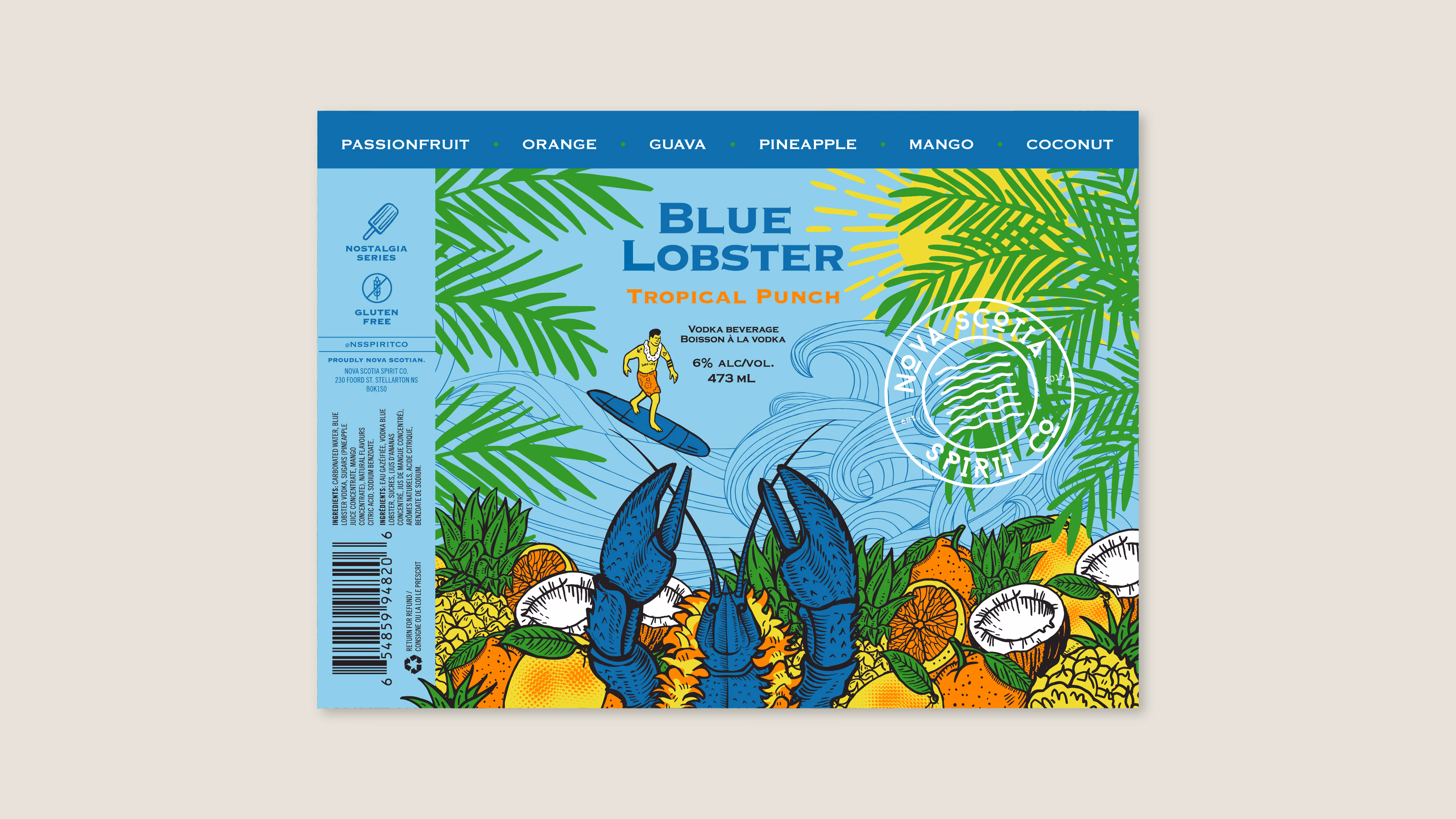 Flat label design containing the Blue Lobster Tropical Punch visual identity.