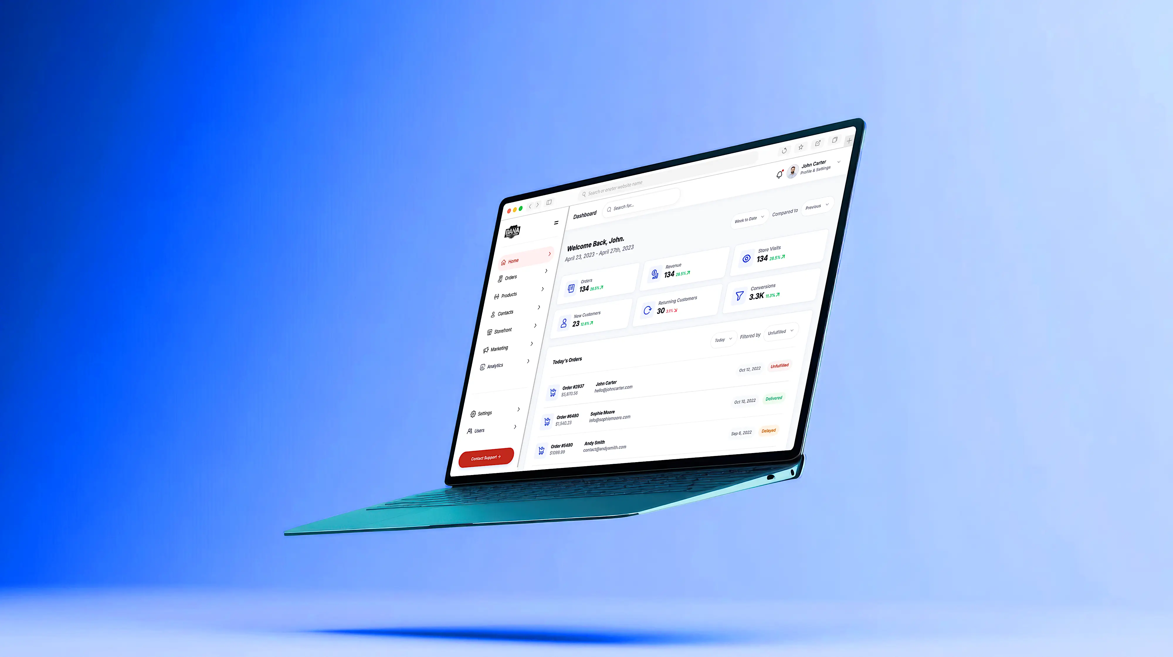 Mockup of DECA's dashboard on a floating laptop