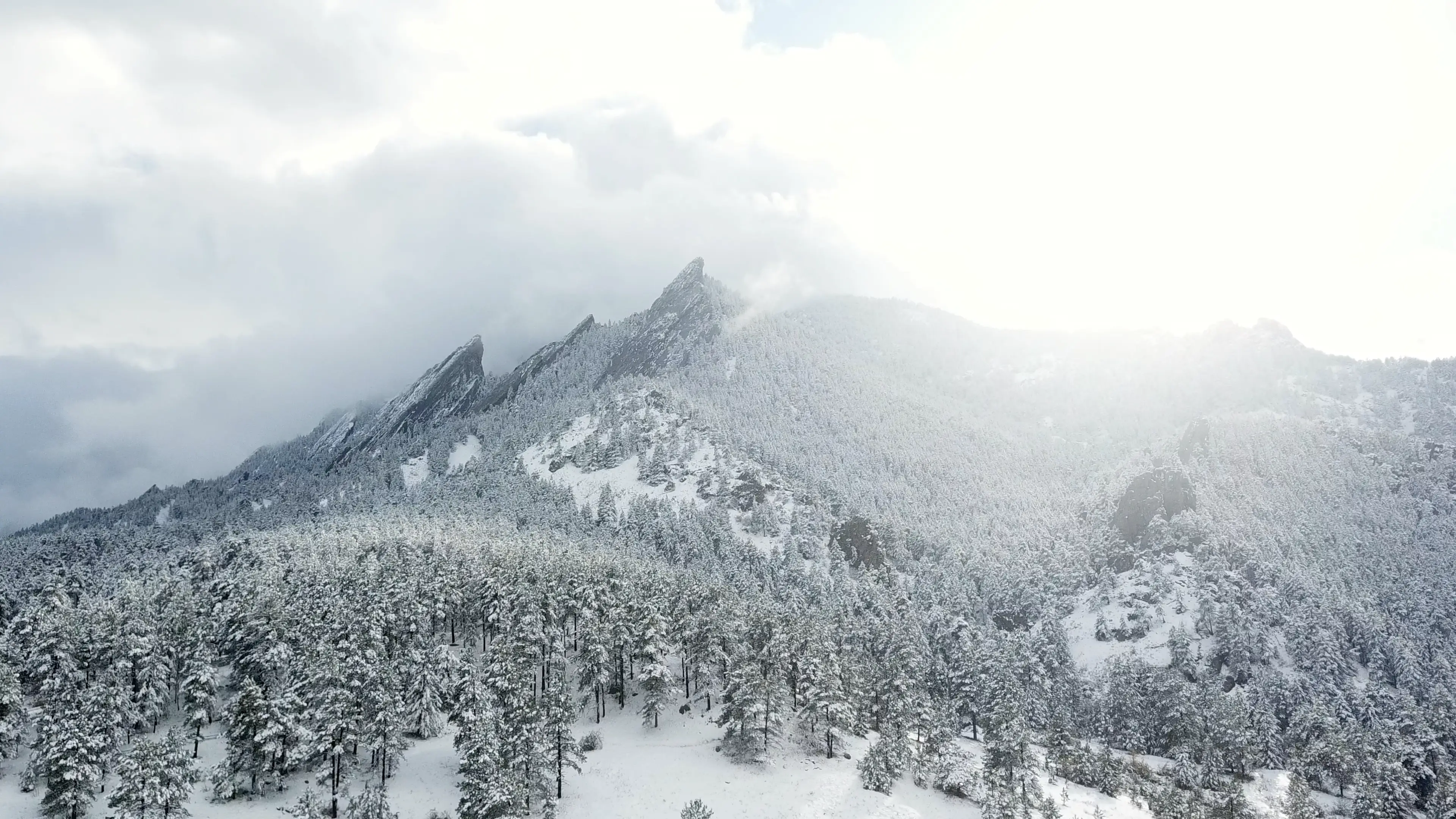 Aerial view of snowy Boulder Flatirons