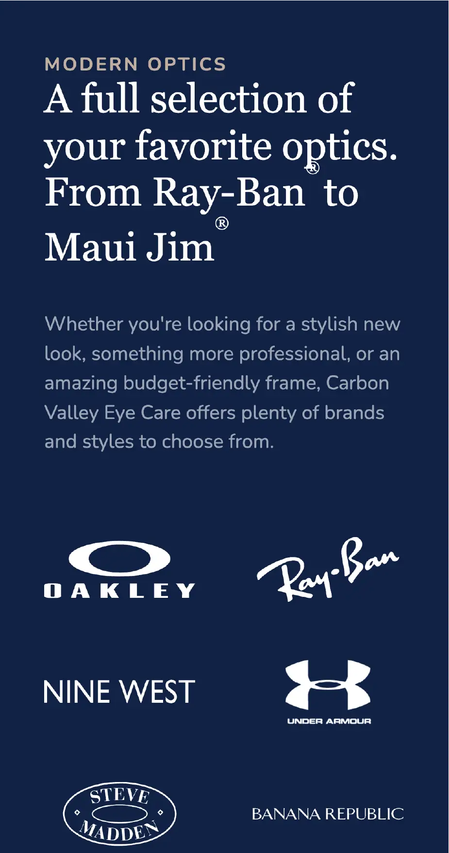 List of CVEC's eyeglass partners on a mobile screenshot