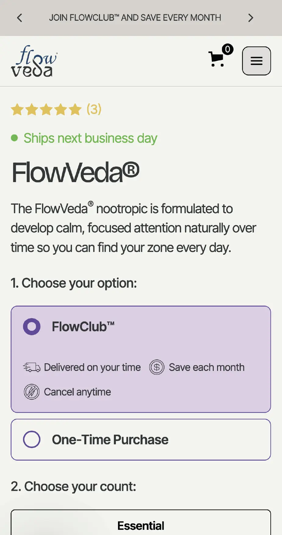 Mobile screenshot of Flowveda's subscription functionality