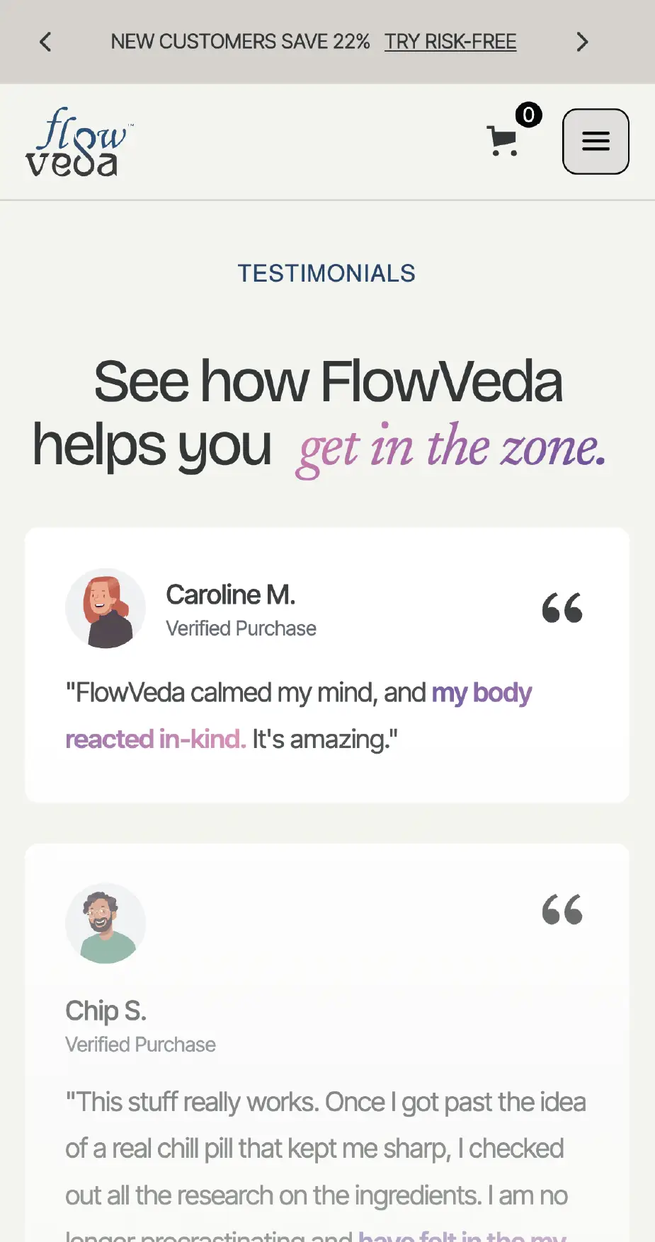 Mobile screenshot of Flowveda's testimonial section