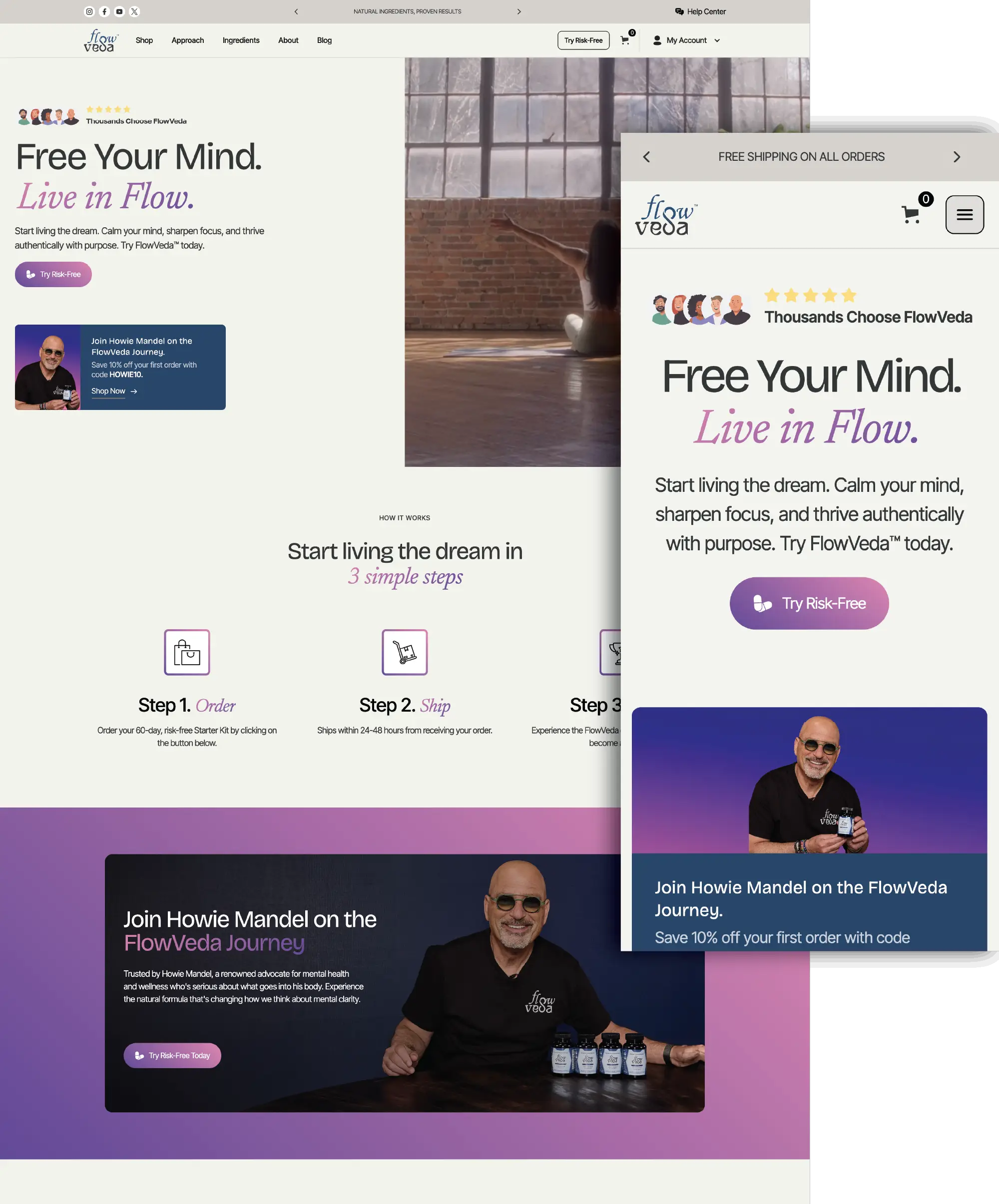 Desktop and mobile screenshots of Flowveda's homepage