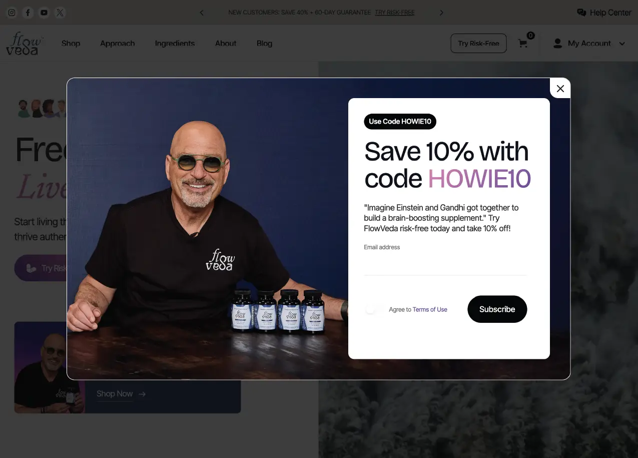 Howie Mandel promotional popup on Flowveda's homepage