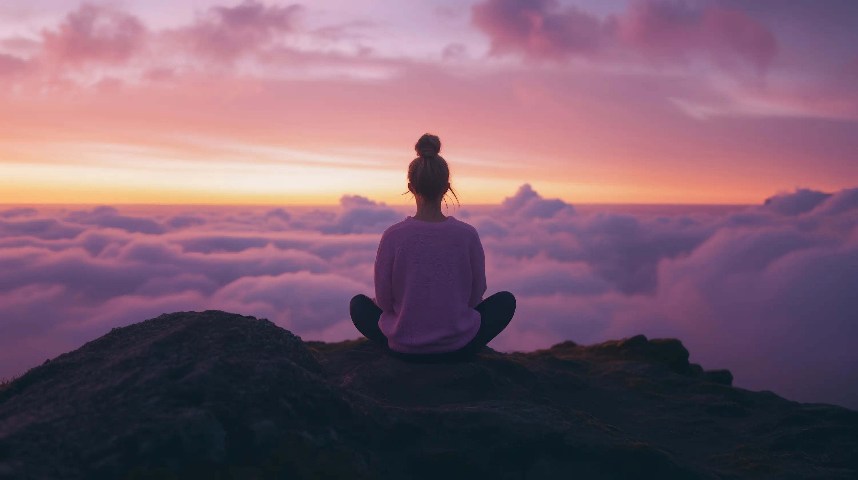 Woman meditating on a mountaintop against a sunset