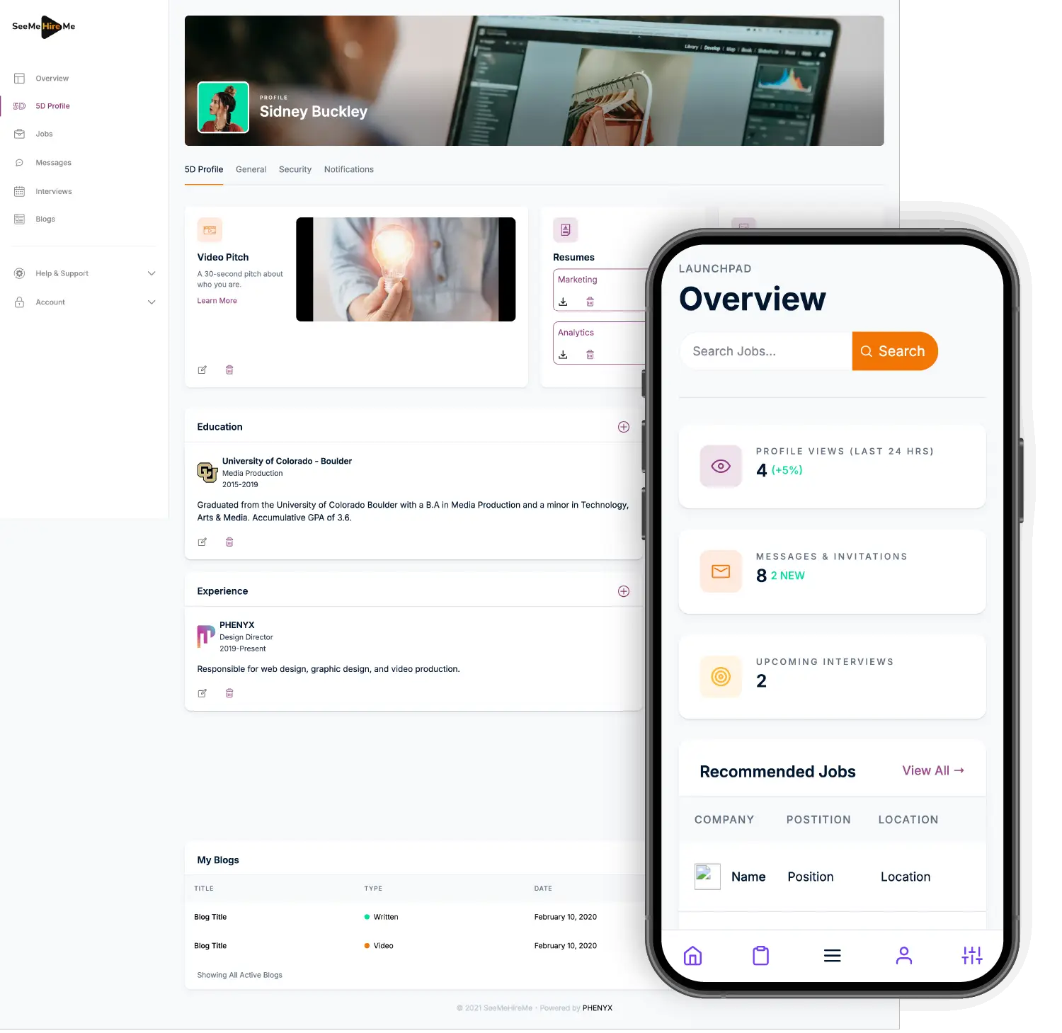 Mockup of candidate profile on desktop and phone