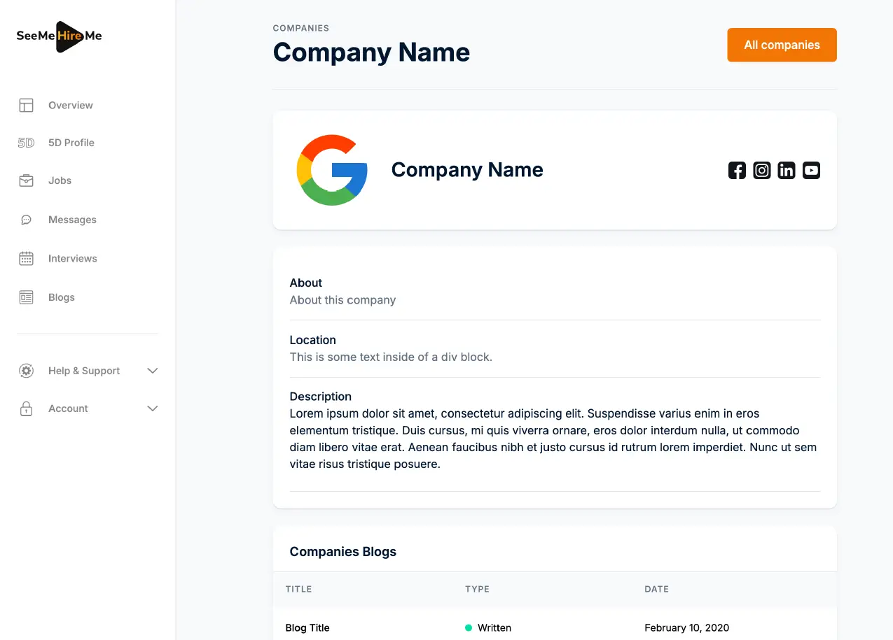 Company profile view for SMHM's application
