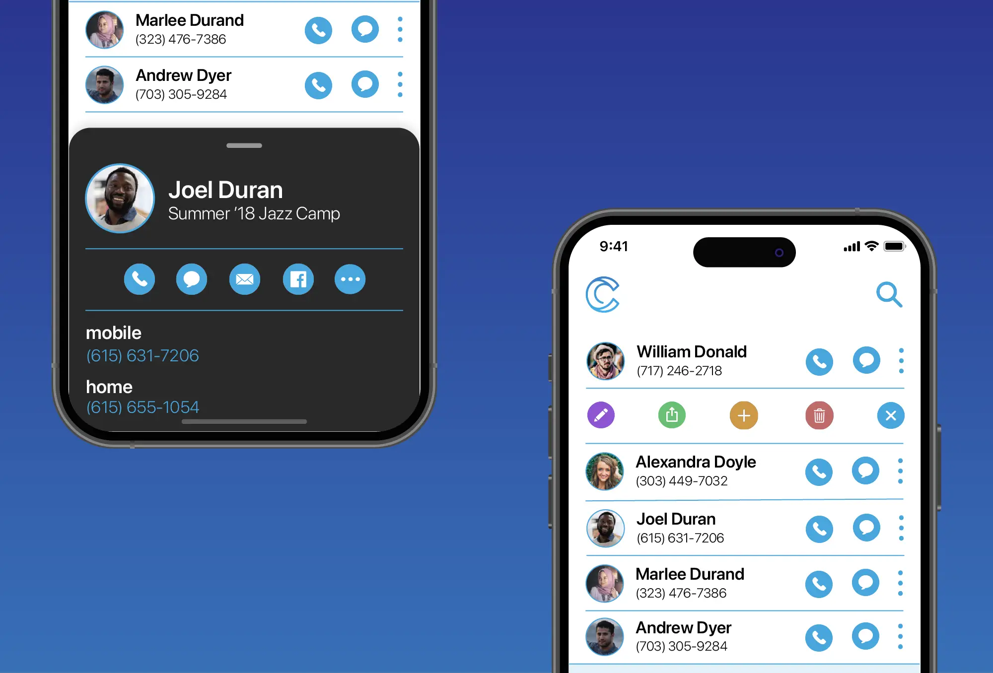 Two phones displaying Circle's contact and contact list view
