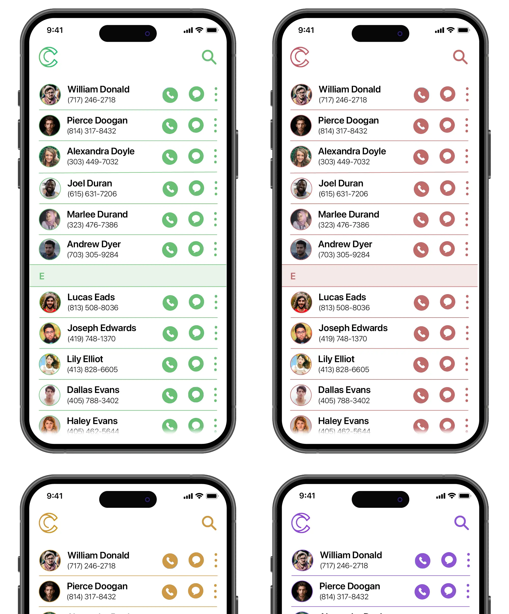 Each of Circle's different-colored themes on different phones