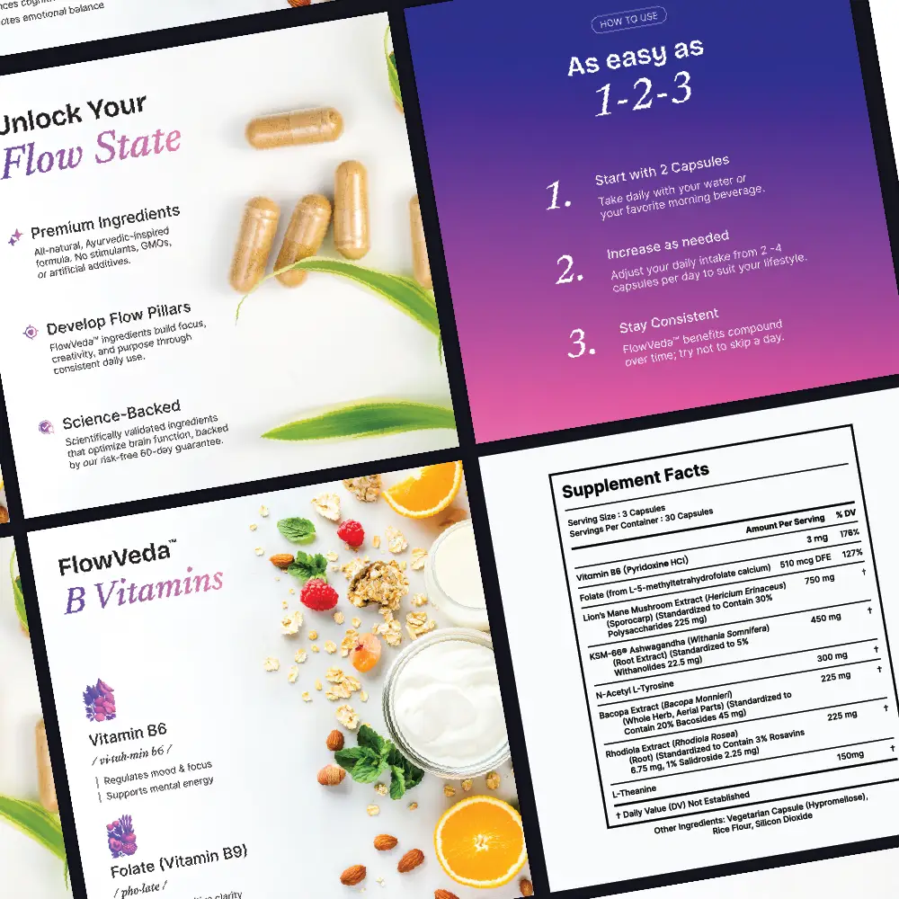 All four of FlowVeda's social media carousel graphic designs