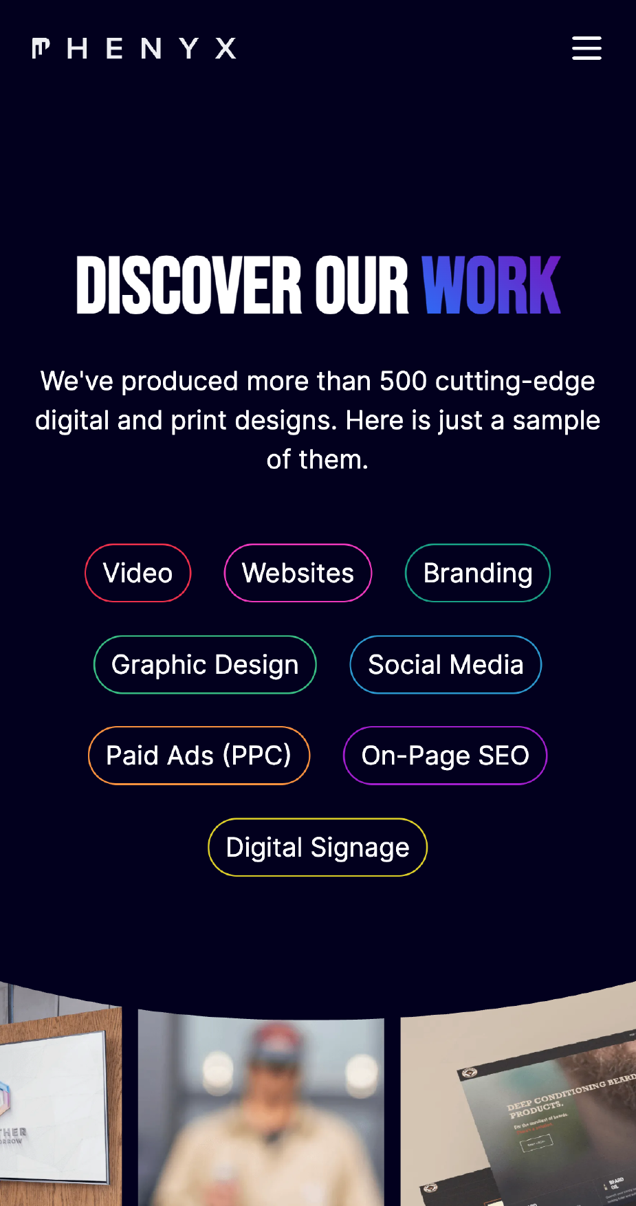 Mobile mockup of PHENYX's portfolio page