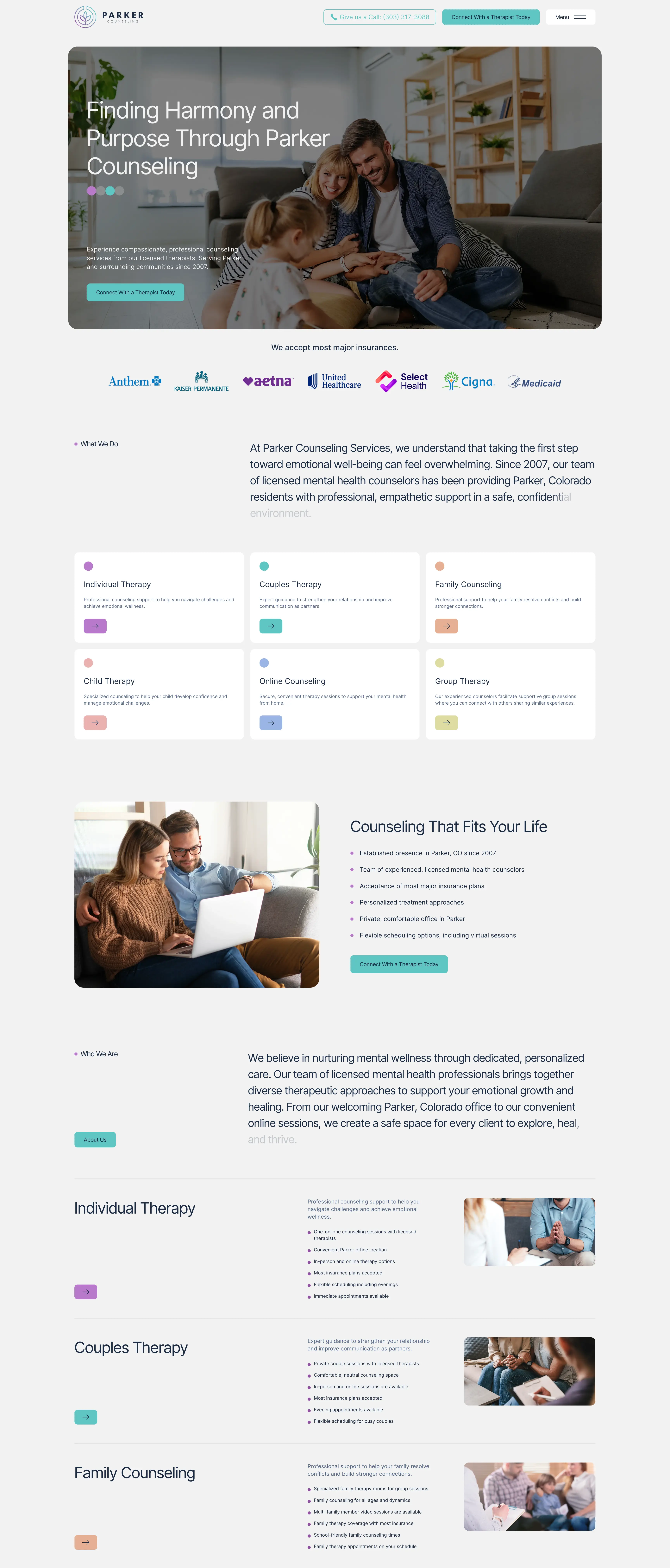 Entire homepage of Parker Counseling's website